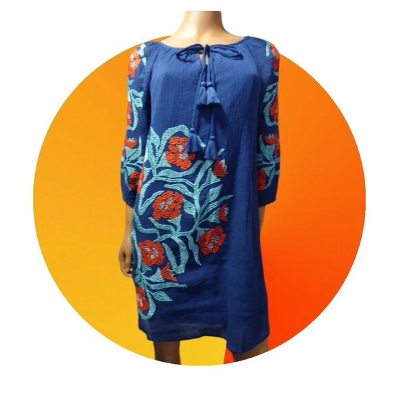 Trina Turk Womens Blue Red Embroidered All Cotton Gauze Shift Dress XS 0 Coverup - Picture 4 of 16